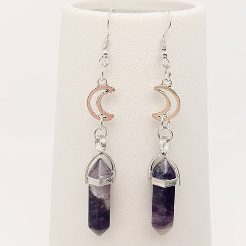 Amethyst Natural Stone Pendant Moon Earrings - MS/CS: Earrings