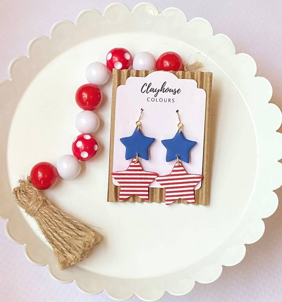 Clayhouse Colours - Red, White & Blue Clay Earrings | July 4th Earrings: Stars & Tassels