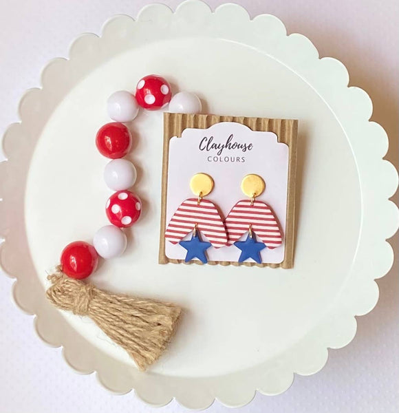 Clayhouse Colours - Red, White & Blue Clay Earrings | July 4th Earrings: Stars & Tassels