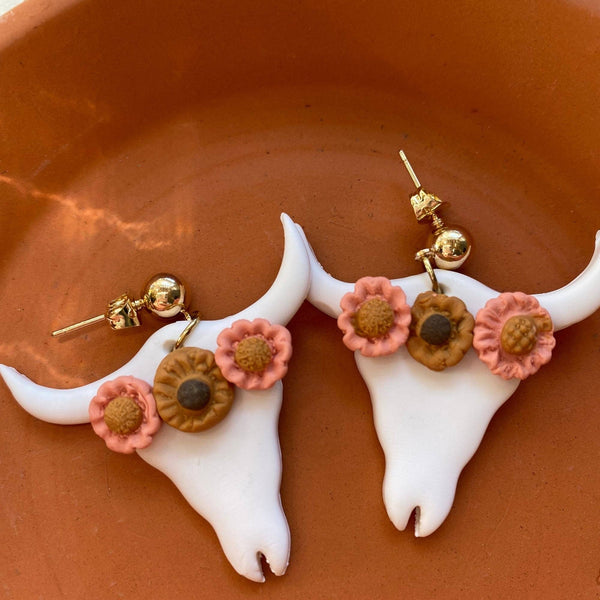 Blush and Bash Studio - Boho Cow Skull Clay Earrings