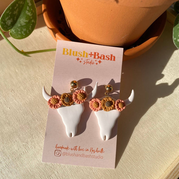 Blush and Bash Studio - Boho Cow Skull Clay Earrings