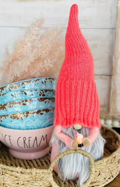 A Gnome on the Roam - Summer Ice cream gnome, bright pink upcycled sweater hat