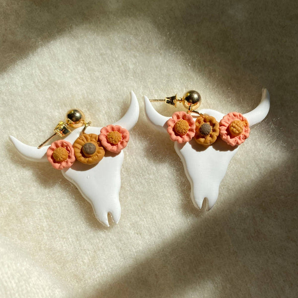 Blush and Bash Studio - Boho Cow Skull Clay Earrings