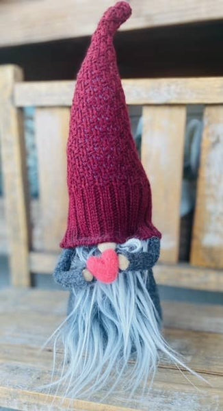 A Gnome on the Roam - Valentine's Day Gnome, Soft maroon sweater with felt heart