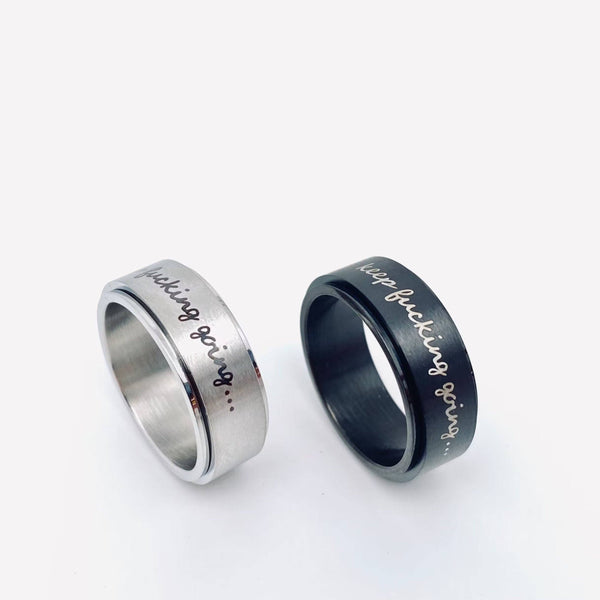 Mio Queena - "Keep Fucking Going" Rotatable Stainless Steel Ring: Black / 9