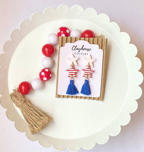 Clayhouse Colours - Red, White & Blue Clay Earrings | July 4th Earrings: Stars & Tassels