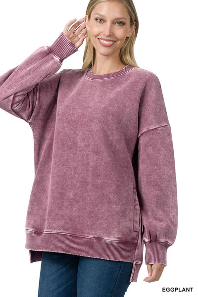 42POPS - SI-24980 ACID WASH FLEECE HI-LOW HEM PULLOVER WITH POCKETS: MOCHA-157341 / M