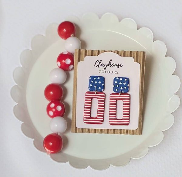 Clayhouse Colours - Red, White & Blue Clay Earrings | July 4th: Hearts