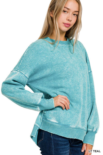 42POPS - SI-24980 ACID WASH FLEECE HI-LOW HEM PULLOVER WITH POCKETS: MOCHA-157341 / M