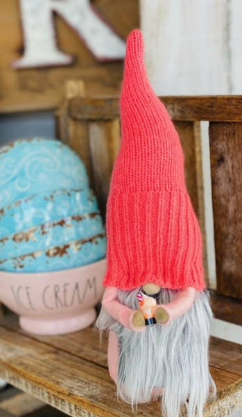 A Gnome on the Roam - Summer Ice cream gnome, bright pink upcycled sweater hat