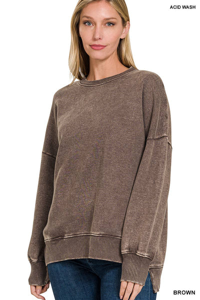 42POPS - SI-24980 ACID WASH FLEECE HI-LOW HEM PULLOVER WITH POCKETS: MOCHA-157341 / S