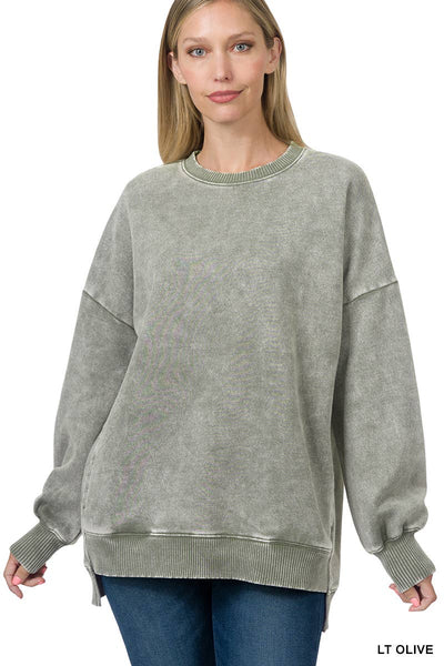 42POPS - SI-24980 ACID WASH FLEECE HI-LOW HEM PULLOVER WITH POCKETS: MOCHA-157341 / S