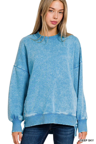 42POPS - SI-24980 ACID WASH FLEECE HI-LOW HEM PULLOVER WITH POCKETS: MOCHA-157341 / M