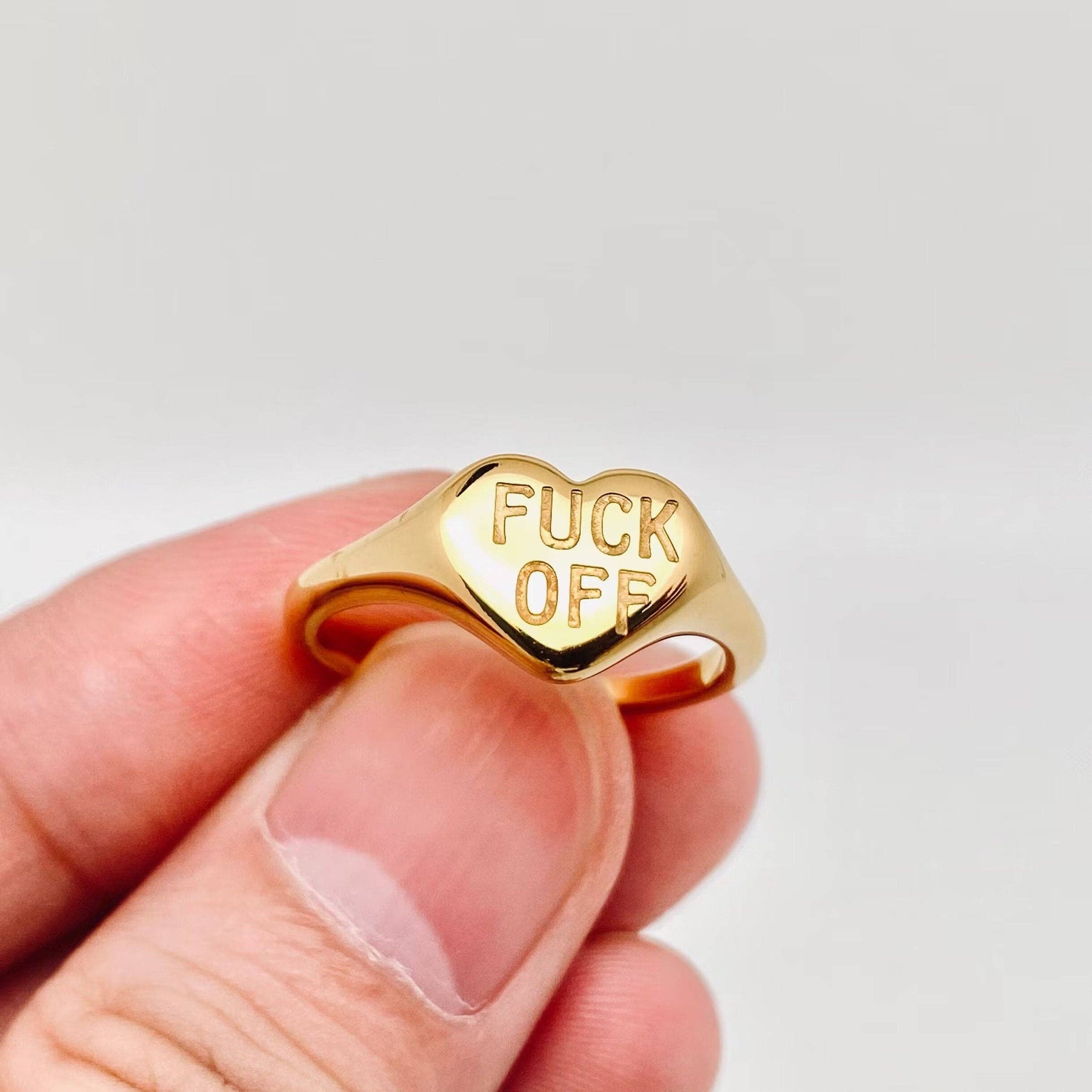 Fuck Off" Heart-shaped 18K Gold Plated Stee Ring - FGS: 7