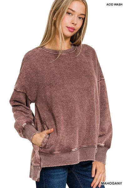 42POPS - SI-24980 ACID WASH FLEECE HI-LOW HEM PULLOVER WITH POCKETS: MOCHA-157341 / S