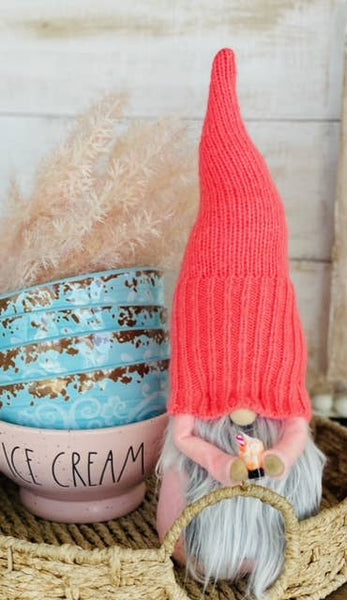 A Gnome on the Roam - Summer Ice cream gnome, bright pink upcycled sweater hat