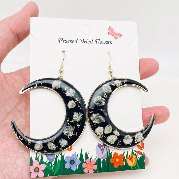 Baby's Breath Dried Flower Black Moon Earrings - PDF/MS