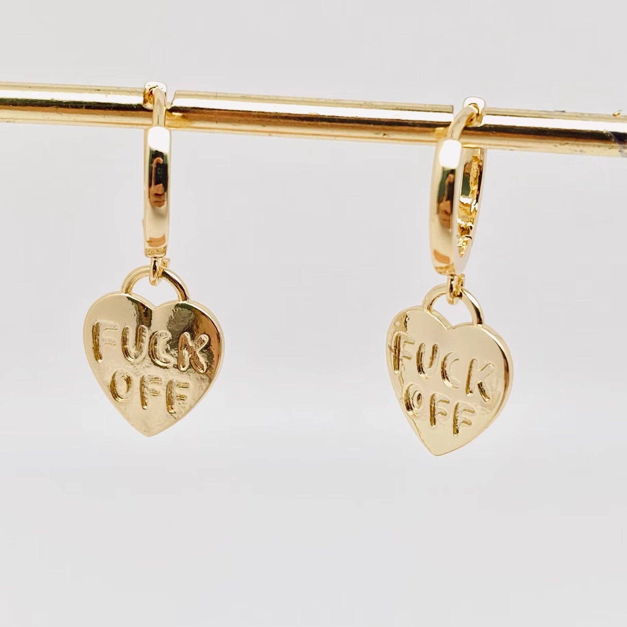 Fuck off Heart-shaped Gold Plated Huggie Earrings: Golden