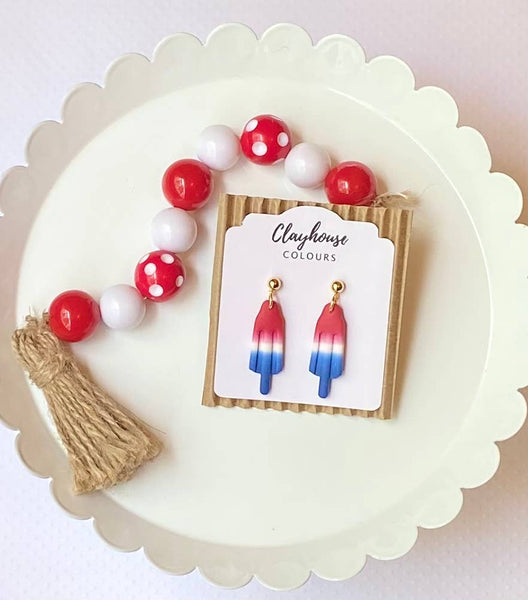 Clayhouse Colours - Red, White & Blue Clay Earrings | July 4th Earrings: Stars & Tassels