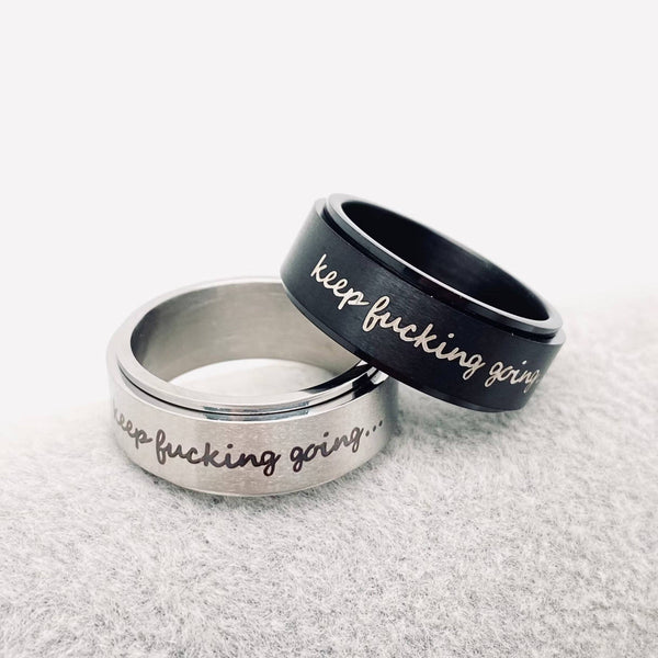 Mio Queena - "Keep Fucking Going" Rotatable Stainless Steel Ring: Black / 9