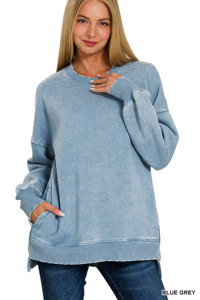 42POPS - SI-24980 ACID WASH FLEECE HI-LOW HEM PULLOVER WITH POCKETS: MOCHA-157341 / S