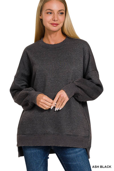 42POPS - SI-24980 ACID WASH FLEECE HI-LOW HEM PULLOVER WITH POCKETS: MOCHA-157341 / M