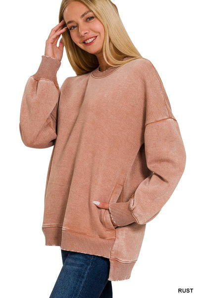 42POPS - SI-24980 ACID WASH FLEECE HI-LOW HEM PULLOVER WITH POCKETS: MOCHA-157341 / S