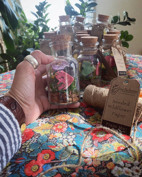 Alma Boheme Handmade - Wildflower Seed Paper Hearts in glass jar with cork lid