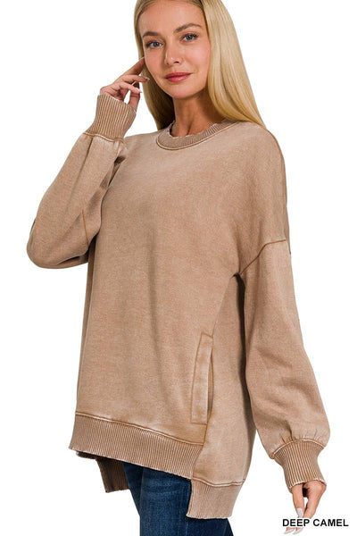 42POPS - SI-24980 ACID WASH FLEECE HI-LOW HEM PULLOVER WITH POCKETS: MOCHA-157341 / M