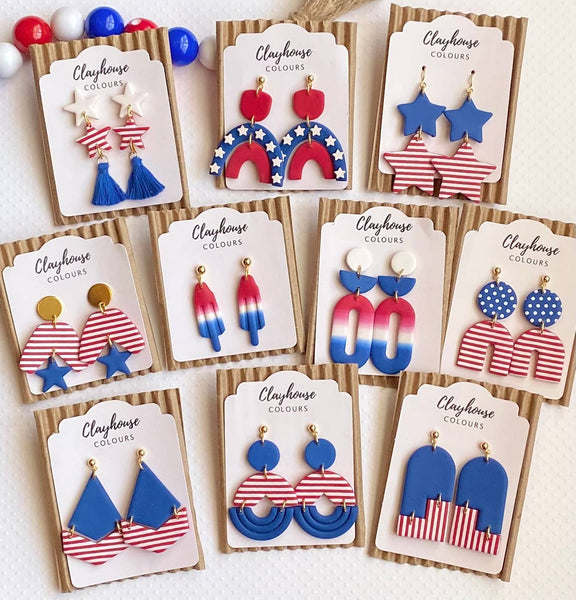 Clayhouse Colours - Red, White & Blue Clay Earrings | July 4th Earrings: Stars & Tassels